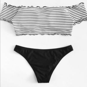Two piece striped off the shoulder swimsuit